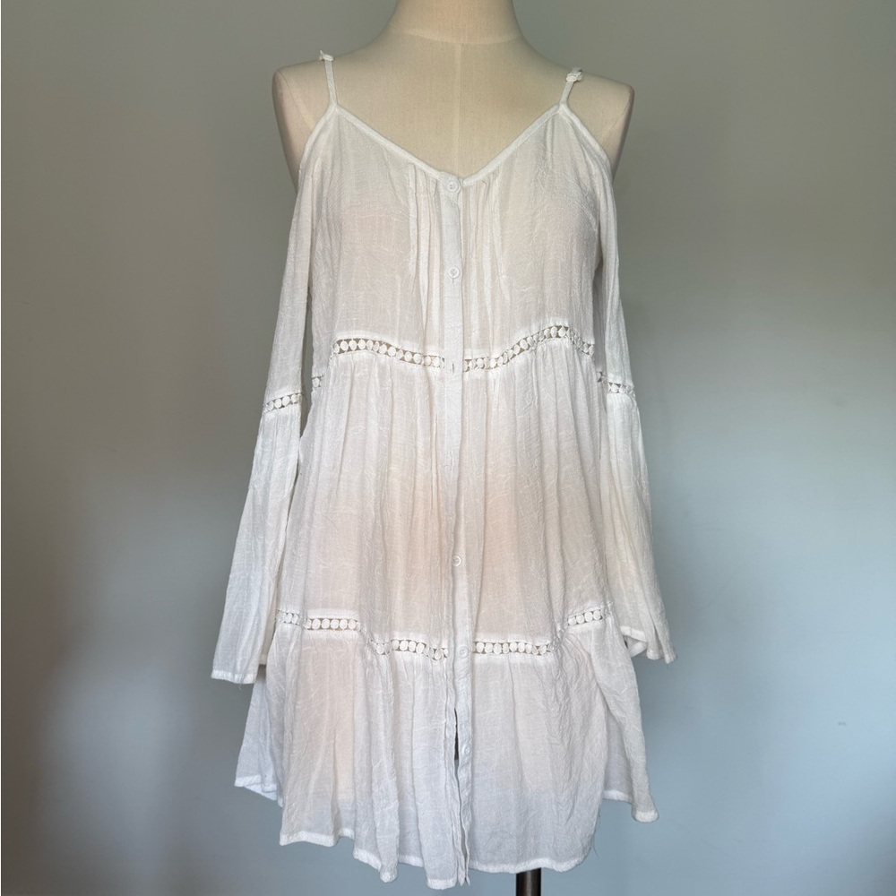 Love Culture, Sheer White Coverup with open shoulders, 100% Polyester, Small